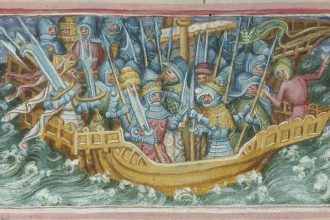 A 15th century depiction of Ivar and his brother Ubba sailing to England. Ivar and Ubba stand in the front of the ship each wearing armor, a weapon resembling a spear and a crown. They are surrounded by multiple people also wearing armor and holding up weapons. The waves and clouds that surround the ship indicate a stormy sea.