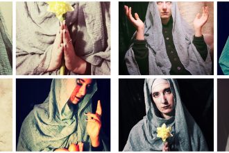 A grid of eight photos. Each of the photos shows the same person, dressed as the Virgin Mary and in typical poses of holy figures. Through the self-assembled clothing and details like an egg in a mouth, the photos appear ironic.