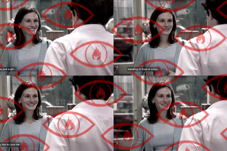 An image of four panels from a scene in the film Notting Hill, with Julia Roberts saying, I'm also just a girl, standing in front of a boy, asking him to love her. The panels are desaturated, and a repeated motif of an outline of a red eye and iris, with a flame-shaped pupil in red.
